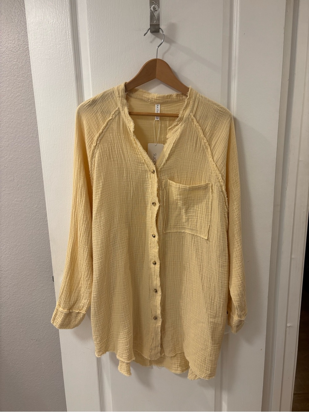 NWT Boho Cotton Gauze Raw Hem Button Down Shirt Lightweight Coverup Vacation